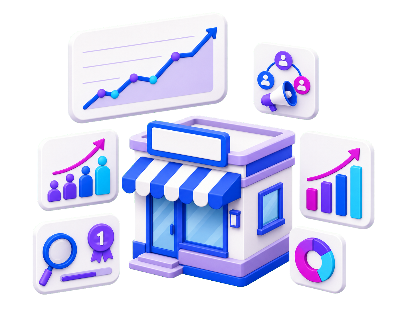Local shop surrounded by digital marketing and growth analytics